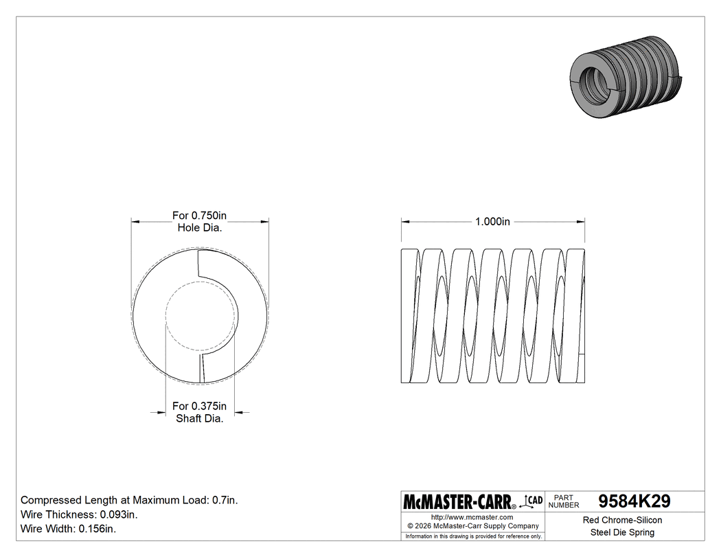 Technical Drawing of Red Chrome-Silicon Steel Die Spring, for 3/4" Hole Diameter, 1" Long.